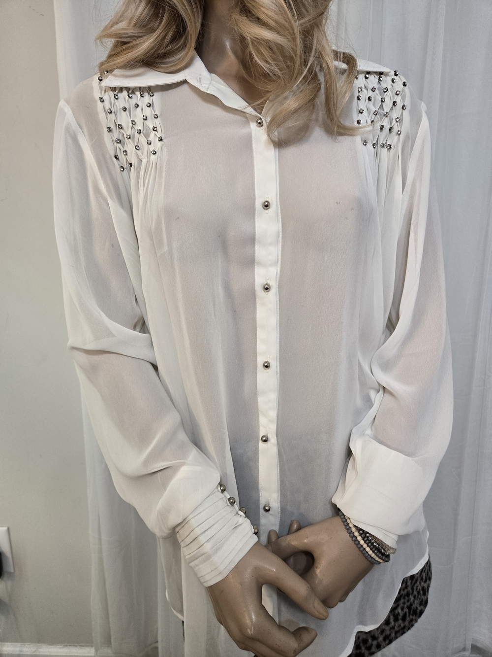 Cream Stud-Embellished Button-Down Collared Blouse.  NWT. READ DESCRIPTION